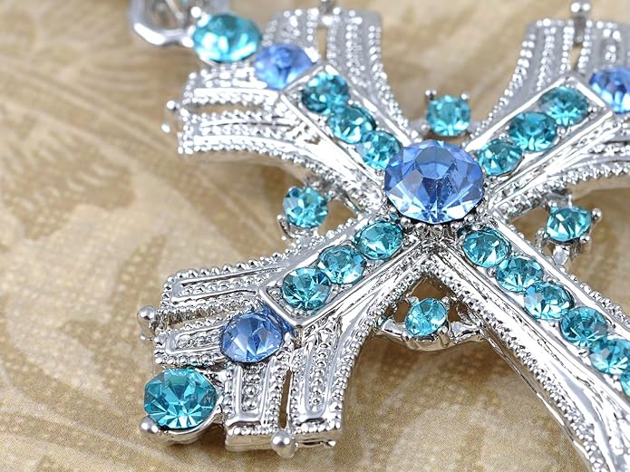 Alilang Silvery Tone Religious Cross Pendant Necklace w/Aquamarine Blue Or Clear Crystal Rhinestones