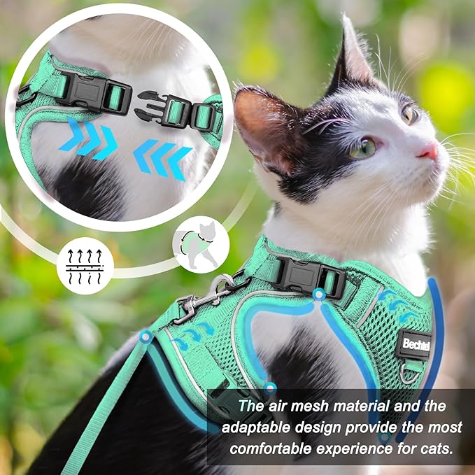 Cat Harness and Leash for Walking, The Upgrade Can be Adjusted in Four Directions and Breathable Cat Harness for Anti Escape That can be Fitted and Positioned, Reflective Strips Harness, Green,S