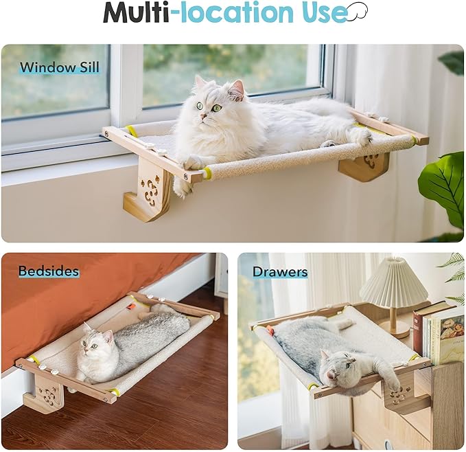 MEWOOFUN Sturdy Cat Window Perch Hammock Bed with Wood & Metal Frame for Cats Easy to Assemble for Windowsill, Bedside, Drawer and Cabinet More (Beige, M-22"x 14.5"x 6.7")