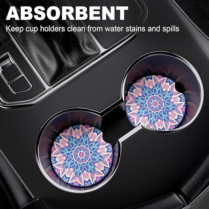 2 Pack Car Cup Holder Coasters, 2.63 inch Anti Slip Insert Absorbent Ceramic Coasters with Cork Base and Finger Notch, Cute Car Accessories Interior for Women