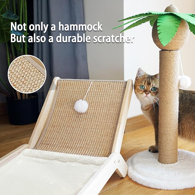 PETKARAY Beach Chair Cat Hammock, Elevated Cat Beds for Indoor Cats, Original Cozy Cat Lounger with Sisal Scratcher and Toy Ball