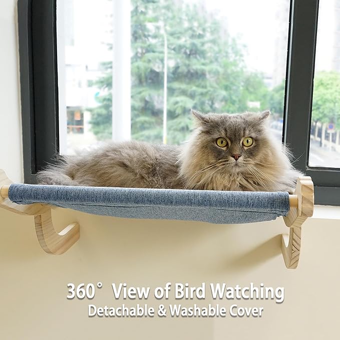 PETKARAY Cat Window Perch, Adjustable Cat Hammock for Windowsill, Indoor Window Shelves and Seat, Window Perch for Large Cats, Blue