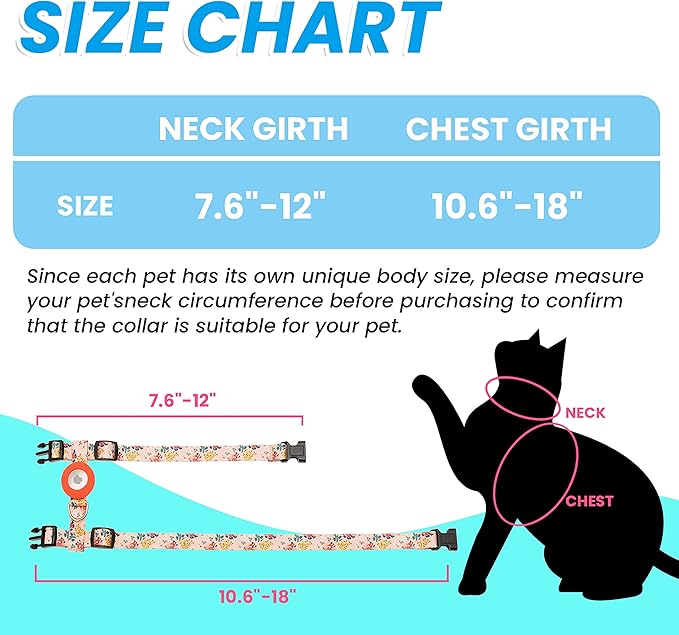 Cat Harness and Leash Escape Proof for Walking Travel Outdoor - Soft Nylon Adjustable Cute Cat Harness Leash Set with Airtag Holder for Small Medium Large Cats