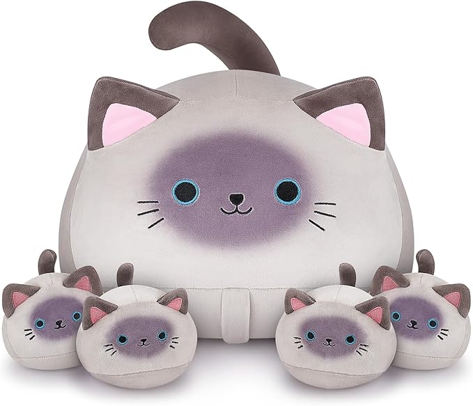 5 PCS Siamese Cat Plush Stuffed Animal Family-19" Soft Siamese Cat Plush, Large Mommy Plushies with 4 Baby Kittens Plushies for Kids, Kawaii Plush Toy Christmas Birthday Gifts for Kids Boys Girls