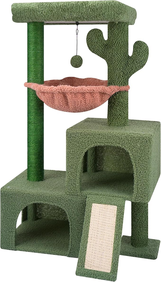 37.4" Cactus Cat Tree Cat Tower with Twin Cat Condos for Indoor Cats, All-in-One Activity Center Cat House Furniture with Cat Scratching Post Cozy Sleeping Perch Hammock and Toy Balls,Green …