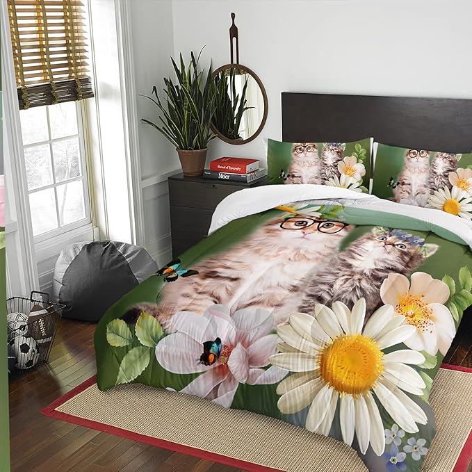AILONEN Cats Bedding Set Queen Size with Wearing Black Glasses Fluffy Cat Print Comforter Set for Kids Girls, Daisy Flowers Butterfly Soft Breathable Duvet Set 3 Pieces, 1 Quilt and 2 Pillowcases
