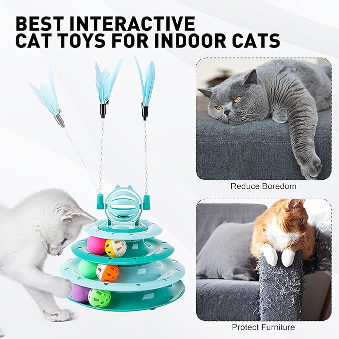 2 in 1 Cat Interactive Toy Roller 3-Level Turntable Cat Toy Cat Slow Feeder Food Dispenser Cat Kitten Wand (RED)