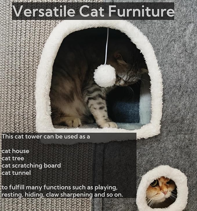 3-Level Cat House for Indoor Cats, Large Adult Cat Cave Bed Cats Cube House with Scratch Pad Cat Towers, Cute Kitten Condo Hideaway Hut with Soft Pillow Mat for Multi Pets Under 50 lbs