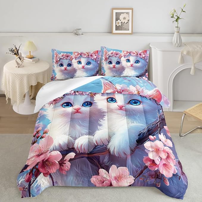 AILONEN Kids Cute Cat Bedding Twin Size,Beautiful Fairy Cat Girls Comforter Set,Pink Flower Cat Comforter Set,Kawaii Cat Duvet,1 Comforter with 2 Pillowcases,3 Pieces