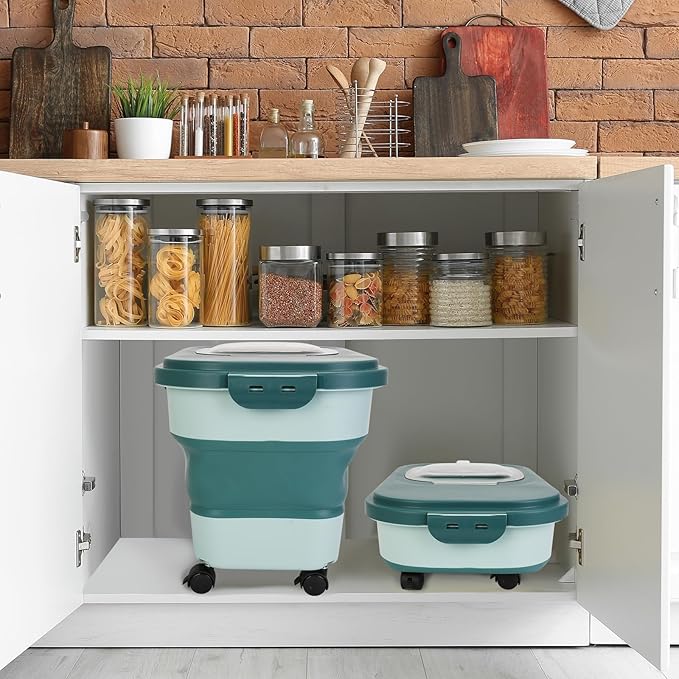 2 PCS Dog Food Storage Containers 15-20 Lbs Collapsible Dog Food Storage Container - with Measuring Cup &Scoop(Green+Green)