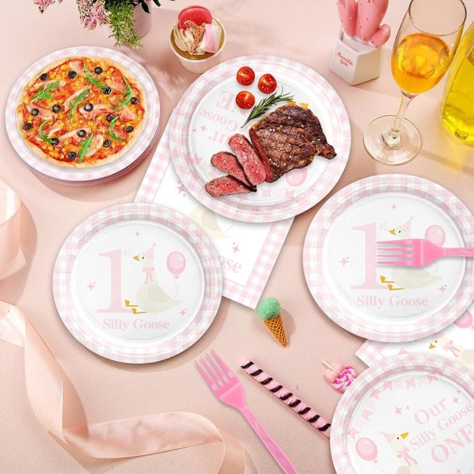 48Pcs One Silly Goose Birthday Decor Girl, Pink Silly Goose Birthday Baby Shower Party Decorations with Forks Paper Plates and Napkins Set Supplies