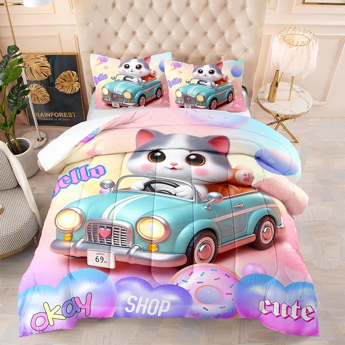 AILONEN Cute Cartoon Cat Comforter Set Twin Size for Kids Girls,Cat Racer Kawaii Rainbow Bedding Set,Funny Cat Kitten Comforter with 2 Pillowcases,3 Pieces for Bedroom