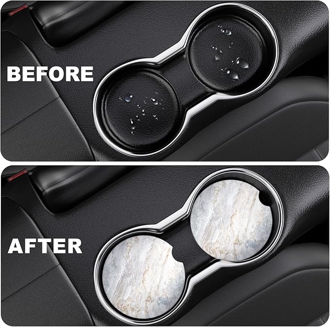 2 Pack Car Cup Holder Coaster, 2.63 inch Anti Slip Insert Absorbent Ceramic Car Coaster with Cork Base and Finger Notch, Cute Car Accessories Interior for Women, Cute Car Coasters., CH0025