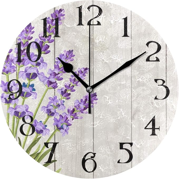 ALAZA Purple Clock Lavender Kitchen Clock Purple Flower Clock Sage Wooden Blue Wall Clock 9.5 Inch Battery Operated Non Ticking Silent Clocks Lavender Bathroom Wall Art Decorative