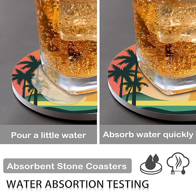 6 Pcs Drink Coasters with Holder,Palm Trees Beach Sunset Absorbent Round Ceramic Coaster for Tabletop Protection,for Coffee Cup Beverage Coasters Wine Beer Bar