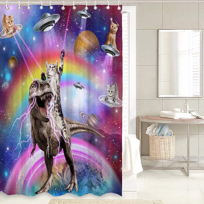 4 Pcs Cosmic Cat Shower Curtain Sets, Funny Space-Themed Bathroom Decor with UFO Cats Rainbows and Lightning T-Rex, Includes Toilet Cover and Rugs, Colorful Galaxy Bath Accessories, 72''x 72''