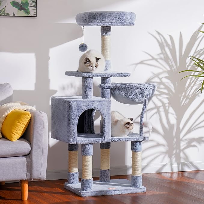 Heybly Cat Tree with Toy, Cat Tower condo for Indoor Cats, Cat House with Padded Plush Perch, Cozy Hammock and Sisal Scratching Posts, Pewter HCT004PE