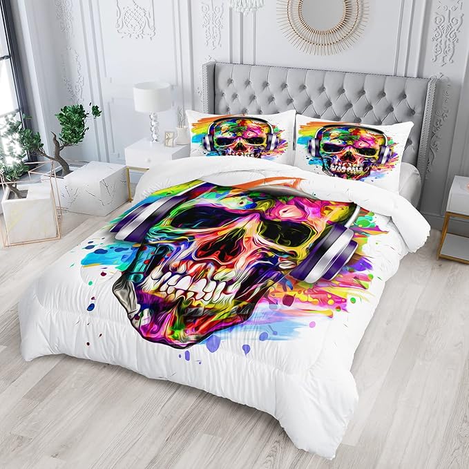 AILONEN Skull Comforter Set for Teens Boys Kids, Skull Pattern Printed Bedding Set Twin Size,Superior Duvet Ultra Soft,Skeleton Theme Quilt,3 Piece 1 Comforter and 2 Pillowcases,Microfiber Fabric