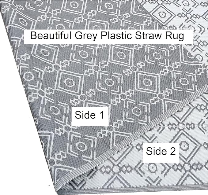 BalajeesUSA Outdoor Rugs 6'x9' Grey Patio decore Reversible Waterproof Portable Camper Awning mats for Outside Your RV Porch Backyard Deck Tent Balcony Picnic Beach 7049