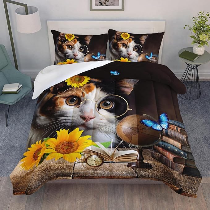 AILONEN Glasses Cat Print Bedding Set Twin Size with Sunflowers Vintage Items Books Comforter Set for Boys Girls,Retro Wooden Style Soft Breathable Duvet Set 3 Pieces, 1 Quilt and 2 Pillowcases
