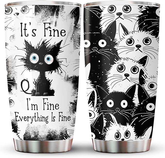 34HD Funny Black Cat Tumbler with Lid, 20oz Stainless Steel Vacuum Insulated Everything Is Fine Cup, Cat Lover Gifts for Women Birthday Mothers Day Halloween Christmas