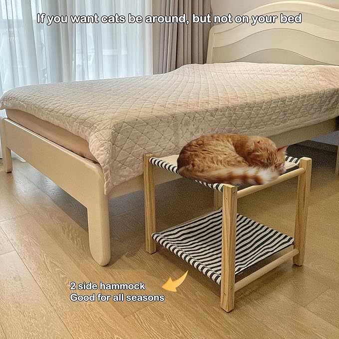 2 Layer Cat Hammock Bed for Indoor Cats, 17.0''×17.0'' Big Size Cat Hammock, Pine Wood Elevated Cat Bed, Good for All Seasons(Blue)