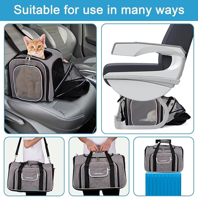 4 Sides Expandable Cat Travel Bag Airline Approved Collapsible Cat Soft-Sided Carriersexpandable pet Carrier，Folding Soft Sided Transport Tote Bag for Kittens,Dog & Small Animals、Removable Fleece Pad