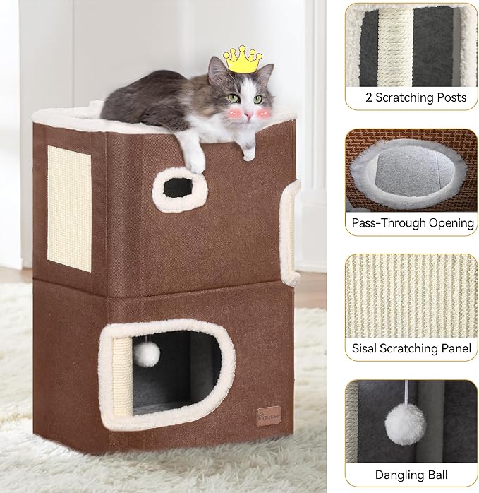 YITAHOME 2-Tier Cat House, Indoor Cat Cave Bed Playhouse, Flannel & Cool Mat, Covered Cat Beds with Scratch Pad and Hideaway Cave, Cute Modern Cat Condo Furniture for Multi Small Cats, Brown