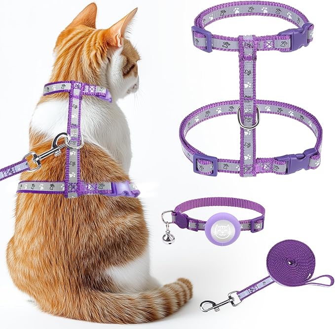 KOOLTAIL Cat Harness and Leash Set Escape Proof with Cat Airtag Holder Collars (3 in 1), Comfortable Lightweight Adjustable Kitten Harness for Small Medium Large Cats Safe Walking & Travel, Purple