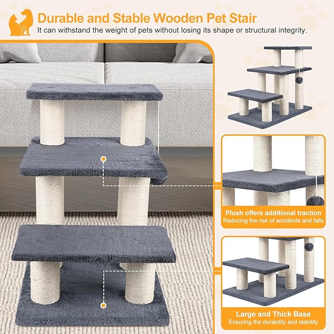 Dog Stairs, Cat Scratching Post 3 Steps Stairs for Cats and Dogs, Stable 20 inch Pet Stairs for High Beds & Sofas Protect Pet's Joints, Grey