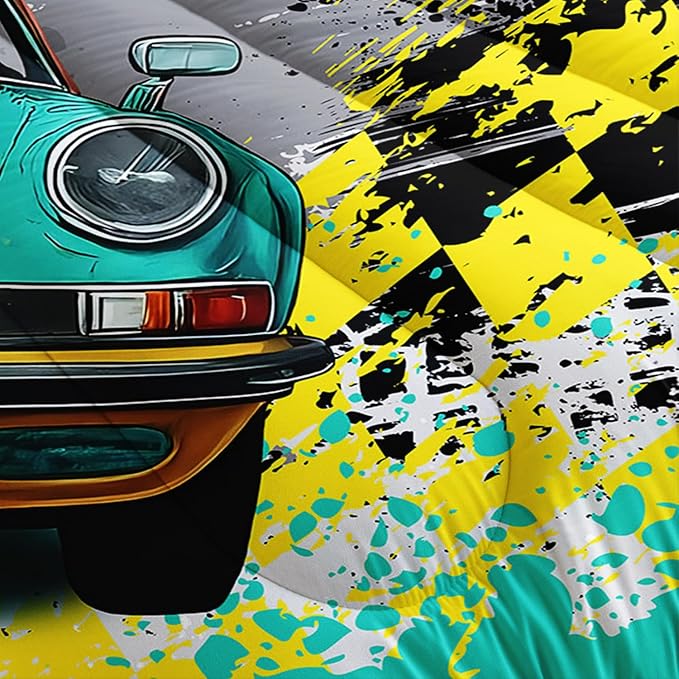 AILONEN Racer Cat Comforter Set Twin Size,Speed Racing Car Sport Bedding Set for Kids Boys,Cool Cat Hip-Hop Graffiti Printed Comforter with 2 Pillowcases,3 Piece