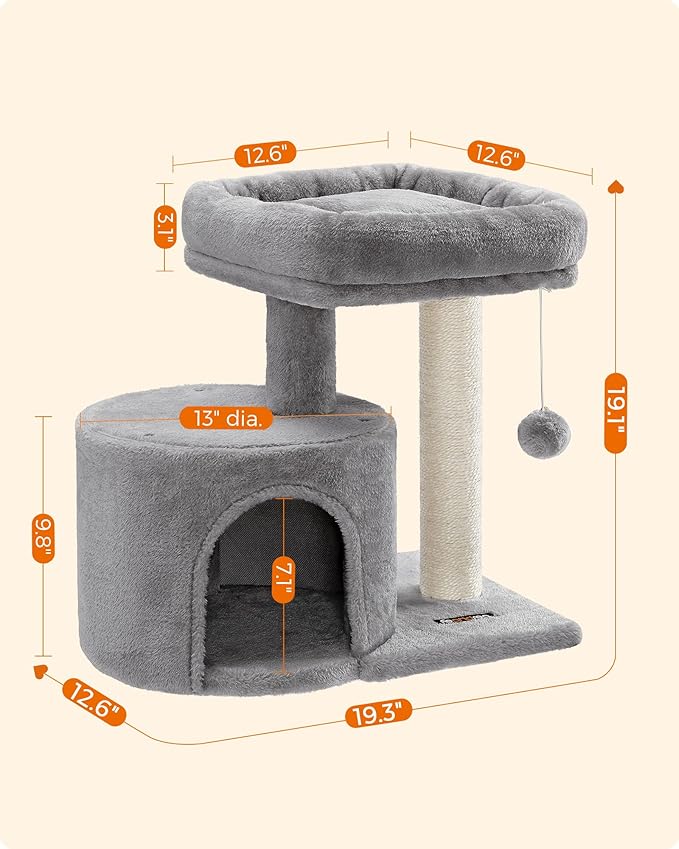 Feandrea Cat Tree, Cat Tower with Sisal-Covered Scratching Post, Cat Condo with Padded Perch, for Small Spaces, Kittens, Light Gray UPCT50W