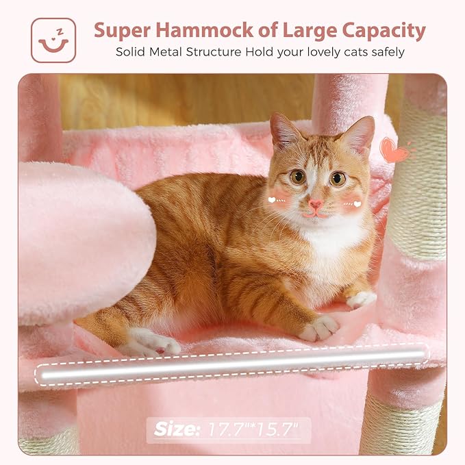 PETEPELA 45.7" Cat Tree for Indoor Cats, 5-Level Cat Tower for Large Cats with Metal Frame Large Hammock (17.3"x15.3"), Cat Condo with (18.5"x13") Big Top Perch & 4 Sisal Covered Scratching Post, Pink