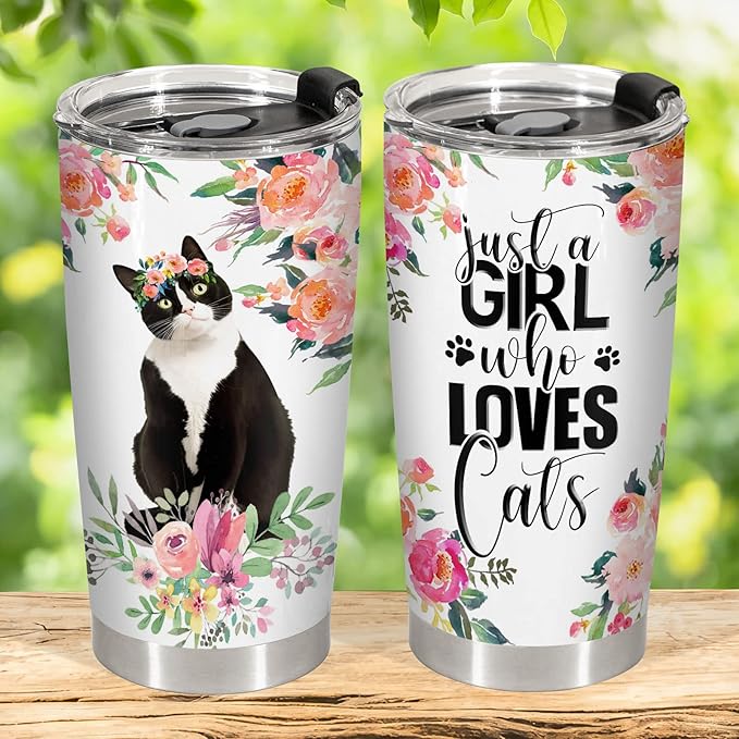 34HD Just A Girl Who Loves Cats Tumbler with Lid, 20 oz Stainless Steel Vacuum Insulated Tuxedo Coffee Mug, Cat Mom Gifts for Cat Lovers Women Birthday Mothers Day Christmas
