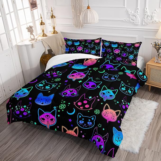 Axolotl Cat Comforter Set Full,Kawaii Trippy Cat Moon Stars Bedding Set with 1 Comforter 2 Pillowcases for Kids Boys Girls Teens Adults Room Decor All Season,Colorful Neon Trippy Bed Set