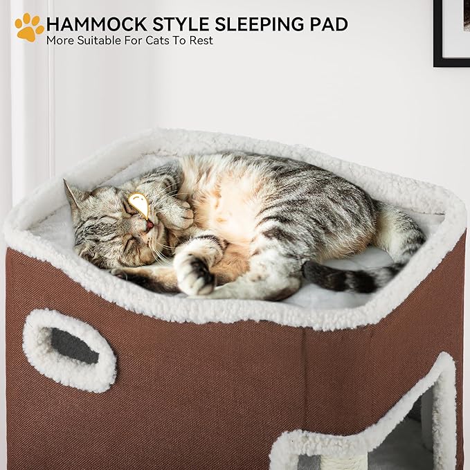 YIATHOME 2-Tier Cat House, Cat Beds for Indoor Cats, Small Cat Condo with Highway Cave, Scratch & Itching Post, Clmibing Stand, Modern Cat Cube Playhouse for Multi Kittens, Brown