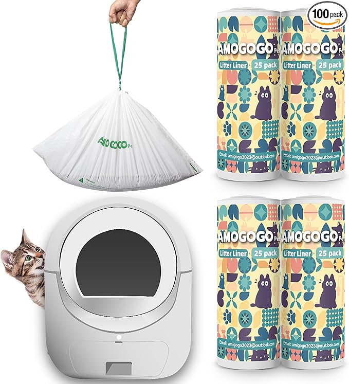 100 Pack Litter Box Liner Bags, Compatible with BCHARYA Self-Cleaning Cat Litter Box, Replacement Waste Bags, Drawstring Leak-Proof Automatic Cat Litter Trash Bags, 25.2" x 11.81"