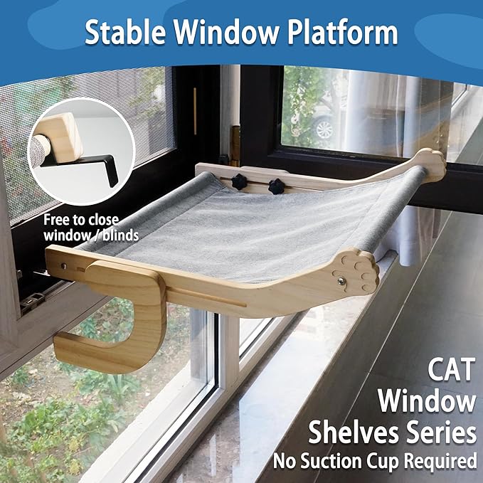 PETKARAY Cat Window Perch, Adjustable Cat Hammock for Windowsill, Indoor Window Shelves and Seat, Window Perch for Large Cats, Grey