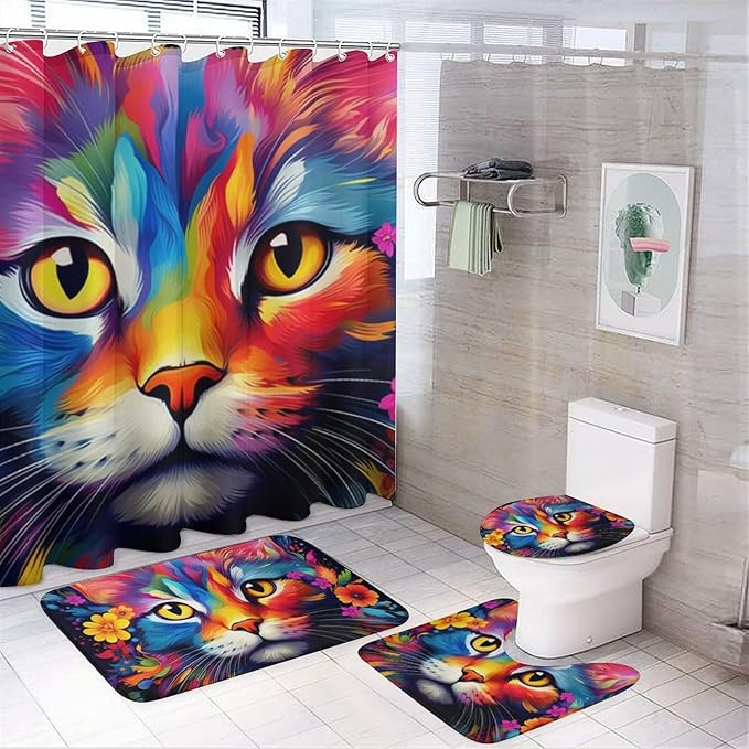 4Pcs Cool Watercolor Cat Shower Curtain Sets with Non-Slip Rugs, Toilet Lid Cover and U Shape Bath Mat, Abstract Flower Animal Bathroom Sets Waterproof Shower Curtains with 12 Hooks