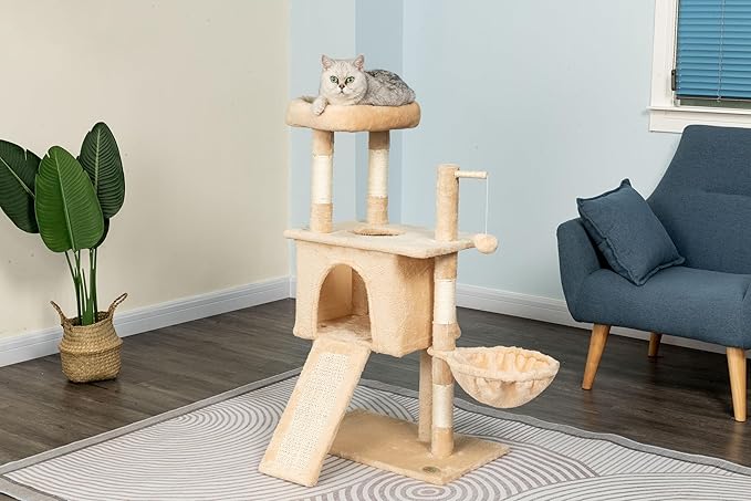 Go Pet Club Everyday Value 38in Cat Tree Tower Cat Condo Comfy Large Perch, Scratching Posts, Scratching Board, Dangling Ball, Cat Play Tower for Cats and Kittens, Beige