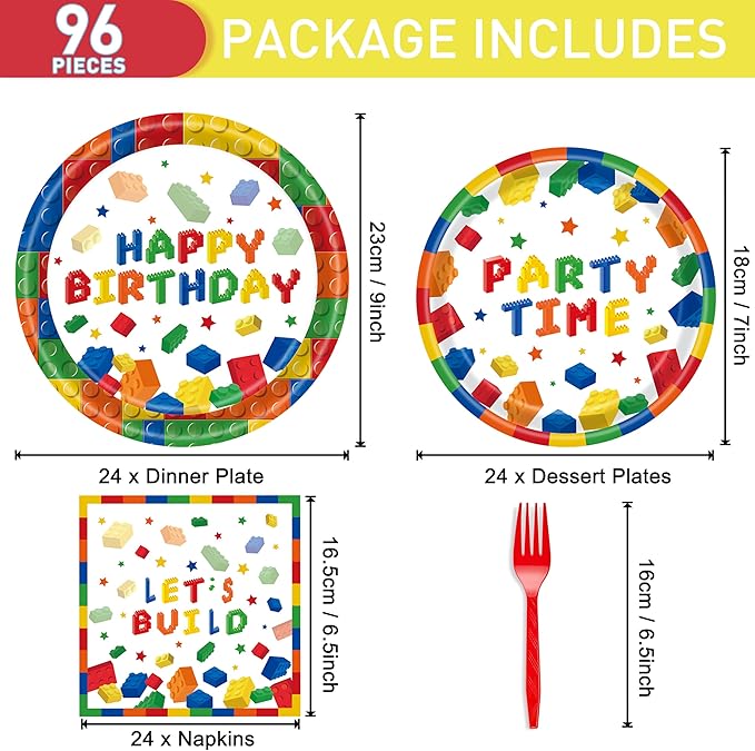 96 Pcs Building Block Party Plates Napkins Forks Supplies Favors Tableware Set Disposable Paper Birthday Decorations for Boys, Serves 24 Guests