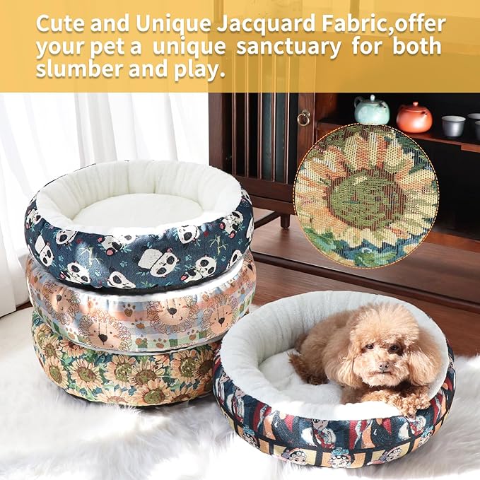 Circular Calming Dog & Cat Bed Anti-Anxiety Plush Dog Bed Washable Pet Bed with Anti Slip Backing Donut Cuddler with Cute Jacquard Patterns for Cat and Small Puppy 20" (X-Small, Sunflower)