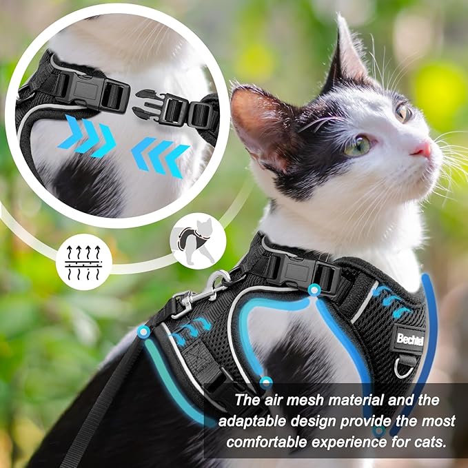 Cat Harness and Leash for Walking, The Upgrade Can be Adjusted in Four Directions and Breathable Cat Harness for Anti Escape That can be Fitted and Positioned, Reflective Strips Harness, Black, XS