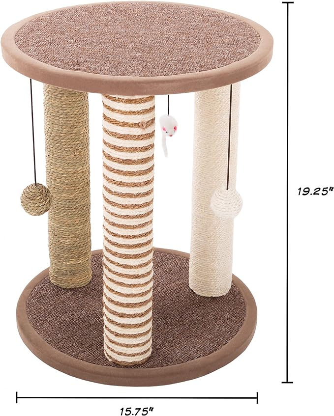 Cat Scratching Post - 3 Scratcher Posts with Carpeted Base Play Area and Perch - Furniture Scratching Deterrent for Indoor Cats by PETMAKER (Brown), Large