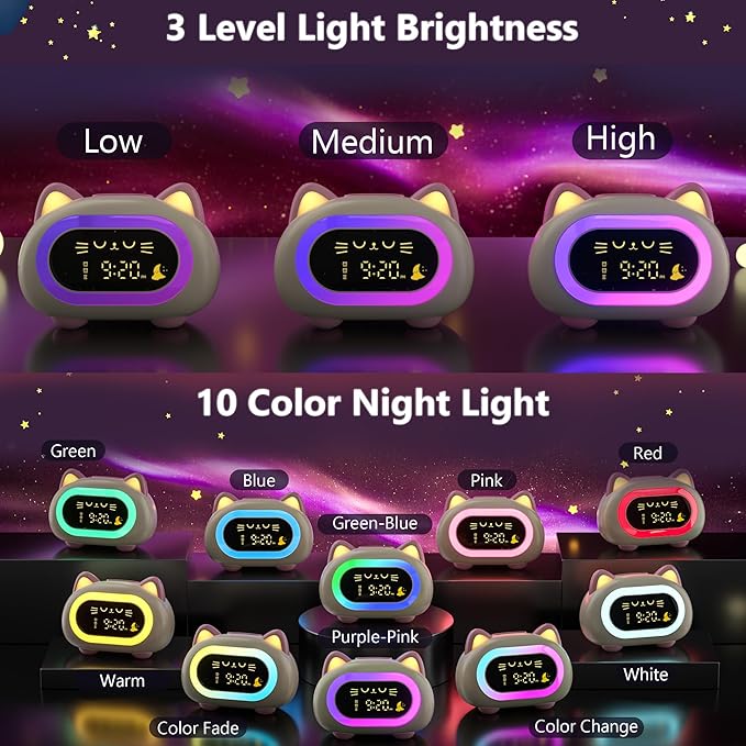 Alarm Clock for Kids, Sleep Training Clock for Girls With Dual Alarm, Eye Protection, Auto Off Timer, 10 Color Night Light, Cat Ok to Wake Clock