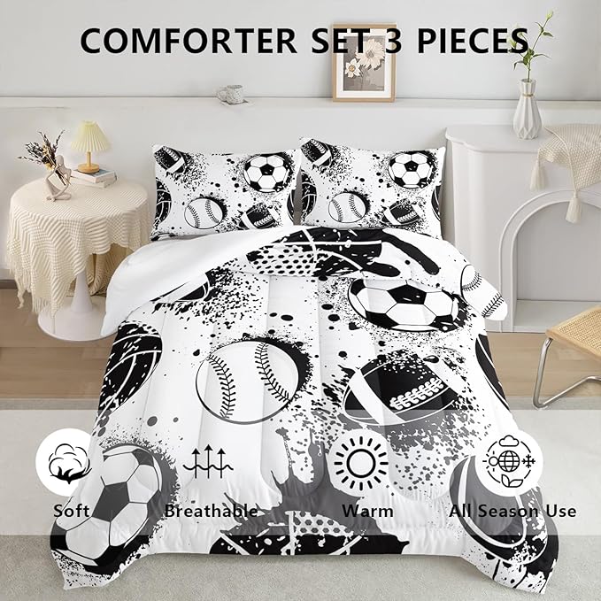 Axolotl Ball Sports Queen Comforter Set, Football Soccer Bedding, Baseball Comforter Set, Hip Hop Graffiti Artwork Bedding For Boys Kids Men, 1 Quilt 2 Pillowcases