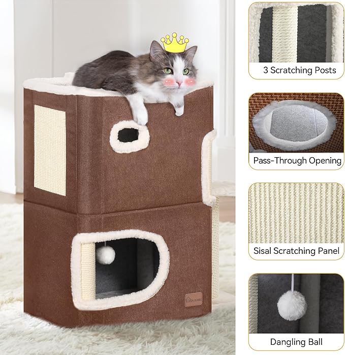 YITAHOME 2-Tier Cat House, Indoor Cat Cave Bed Playhouse, Flannel & Cool Mat, Covered Cat Beds with Scratch Pad and Hideaway Cave, Cute Modern Cat Condo Furniture for Multi Small Cats, Brown