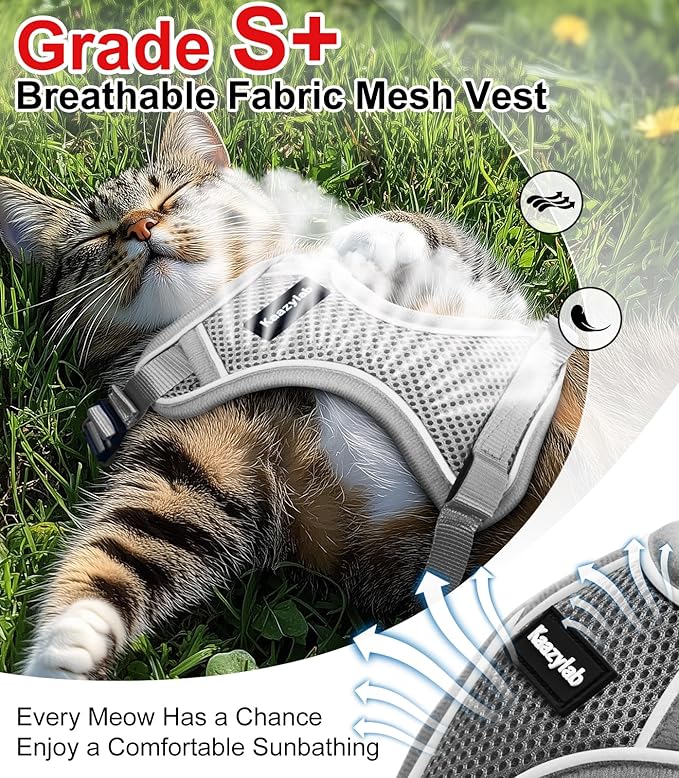 Cat Harness and Leash for Walking Escape Proof Soft Adjustable Cat Leash Breathable Comfortable Vest Easy to Wear Kitten Harness for Outdoor Travel Grey XS