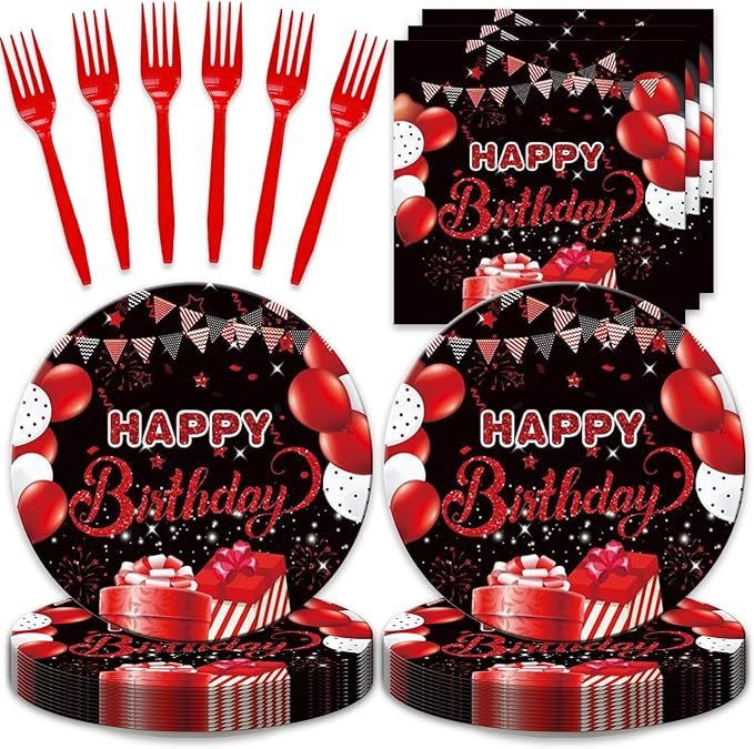 48Pcs Red and Black Happy Birthday Party Decorations for Men Women, Red and Black Balloons Pattern Birthday Decorations for Baby Shower Forks Plates and Napkins Set Party Supplies