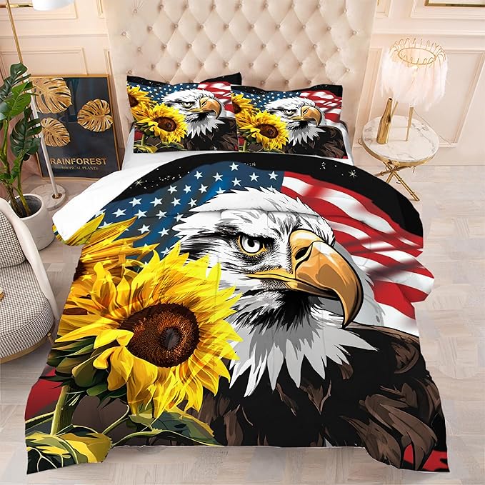 American Flag Comforter Full: Bald Eagle Bedding Set Sunflower USA Flag Quilt for Kids Teens Boys Adults Men US Stars Stripes Eagle Bed Sets 1 Comforter & 2 Pillowcases